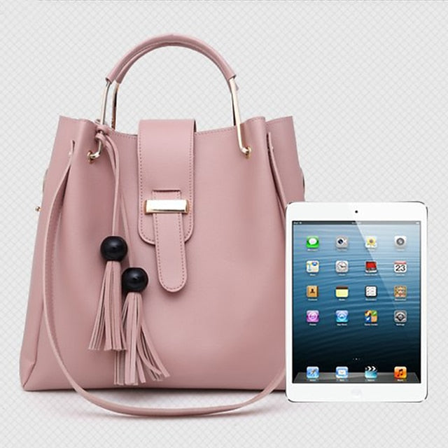 3-Piece Faux Pink Set - Handbag Women's Tote Leather