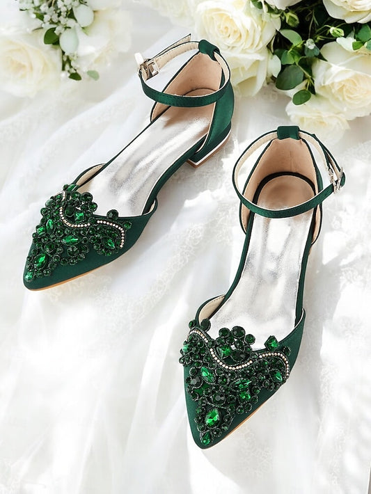 – Gemstone Embellished Flats Pointed-Toe Green Style Vintage