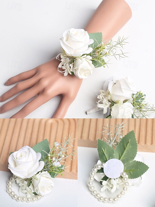 Wrist White and Elegant Corsage Boutonniere Rose – Set