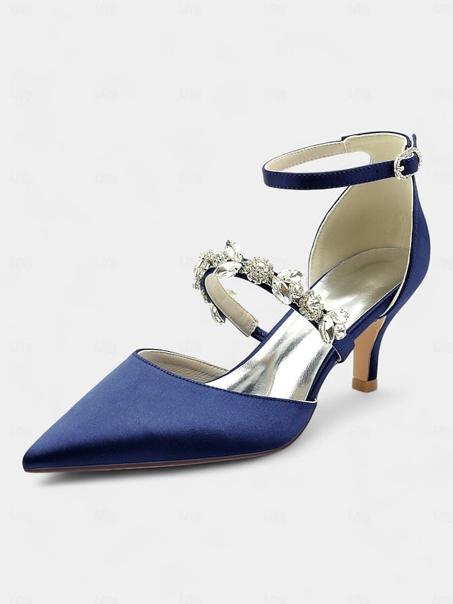 - Satin Rhinestone Black Heels Embellishments with Women's