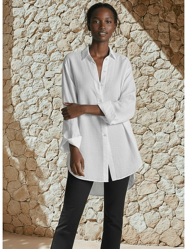 Women's Shirt Button Up Faux Cotton Linen Buttons Plain
