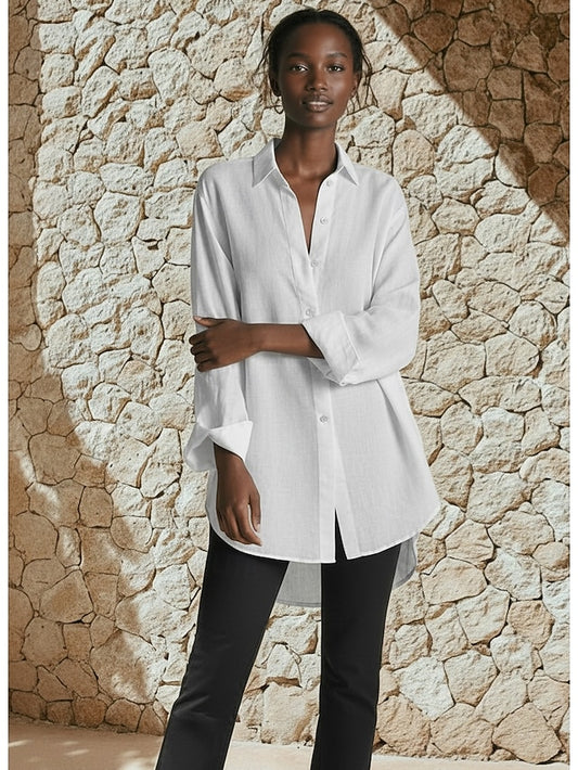 Women's Shirt Button Up Faux Cotton Linen Buttons Plain