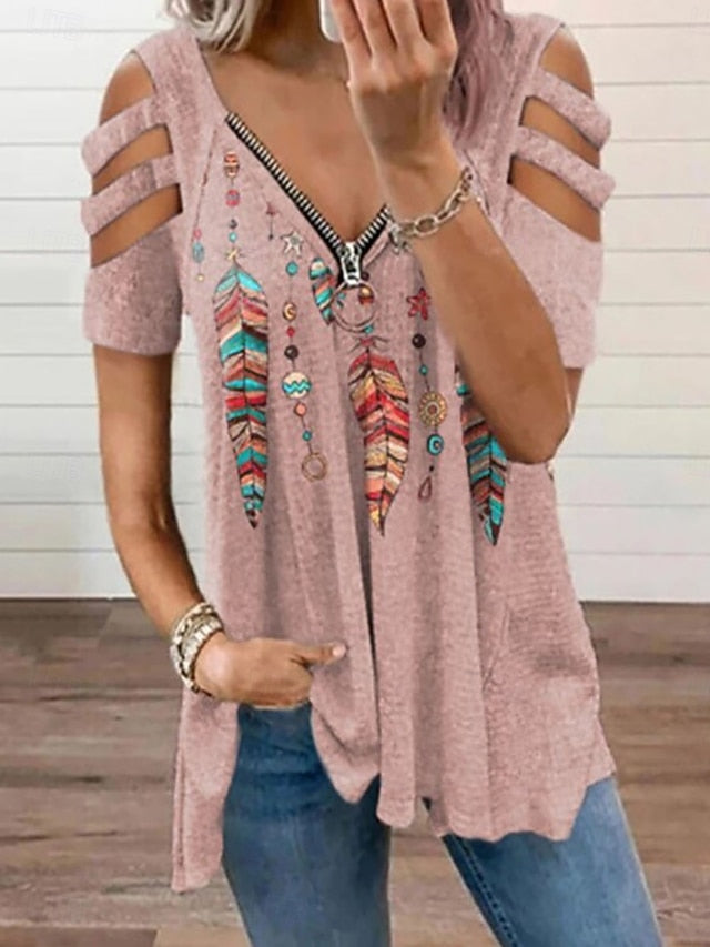 Women's Boho Shirt Blouse Patchwork Zipper Print Graphic