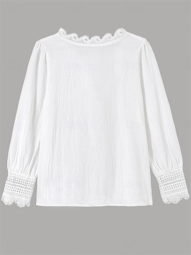 Women's Blouse Lace Tops Ruched Patchwork Buttons Solid
