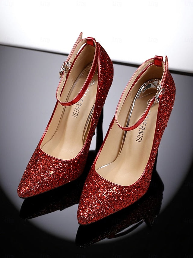 Women's Pointed – Gold Sparkly Stiletto Heels Toe Glitter