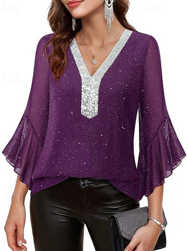 Women's Blouse Sequin Tops Patchwork Color Block Stylish
