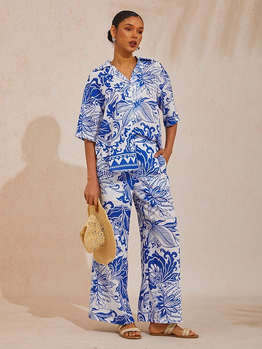 St Barth Blooms Airy Linen Look Blue Blouse