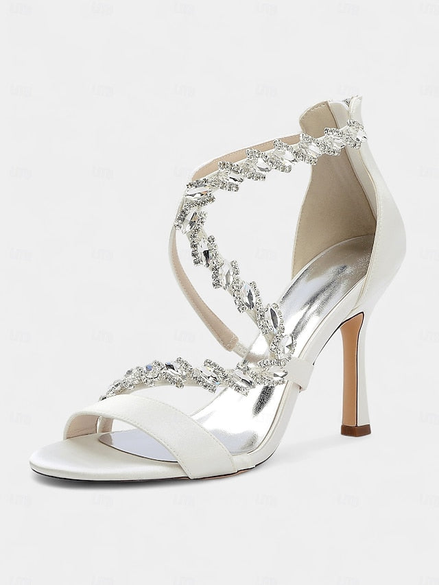 Strappy Sandals Heel Women's White Rhinestone - High