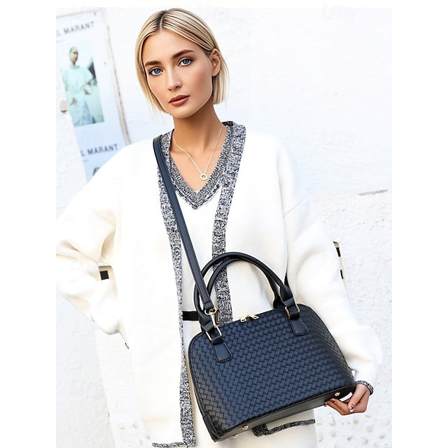 Faux Set Handbag Brown Women's Woven 3-Piece Leather –