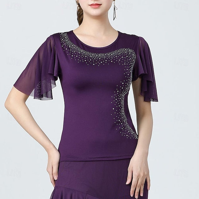 Latin Dance Ballroom Dance Top Glitter Pure Color Splicing