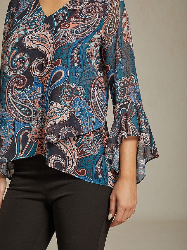 Women's Paisley Print Chiffon Peasant Top Lantern Sleeve
