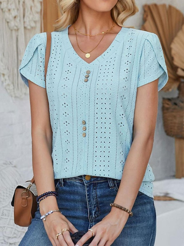 Women's Pointelle Shirt Eyelet Top Blouse Lace Buttons