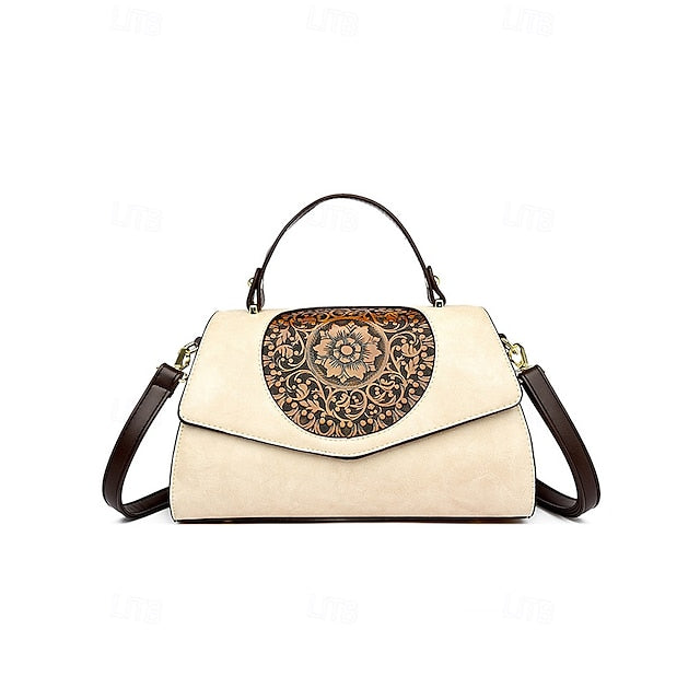 Handbag Leather Floral Engraved – Vintage Women's Faux