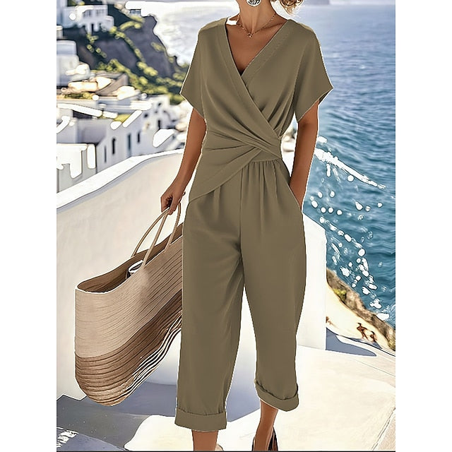 Women's Pants Sets Bolero Top Short Sleeve V Neck Plain