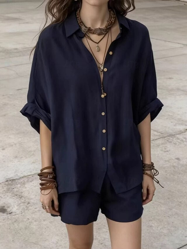 Women's Shorts Sets Long Sleeve Shirt Collar Solid Color