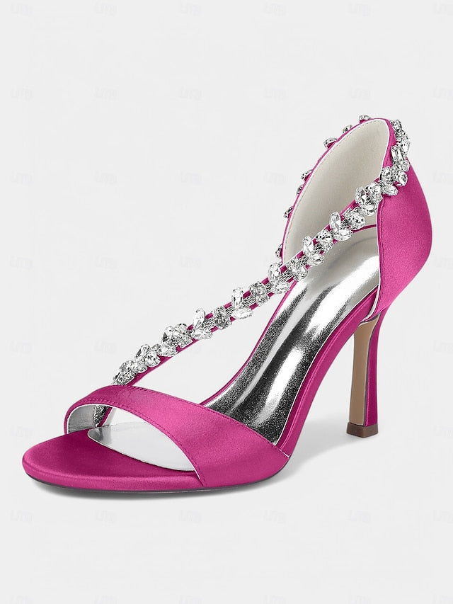 Crystal Heels Satin Champagne Women's – T-Strap with High