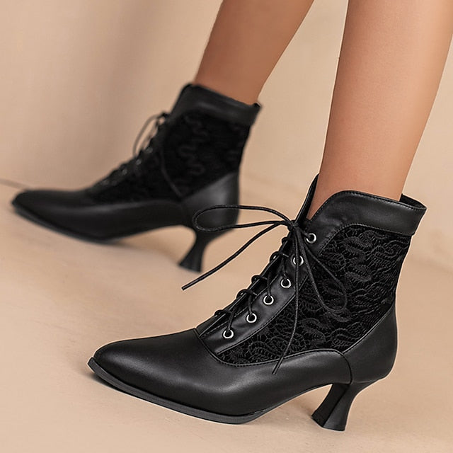 Embroidered Women's Boots with Panels Lace-Up Ankle White
