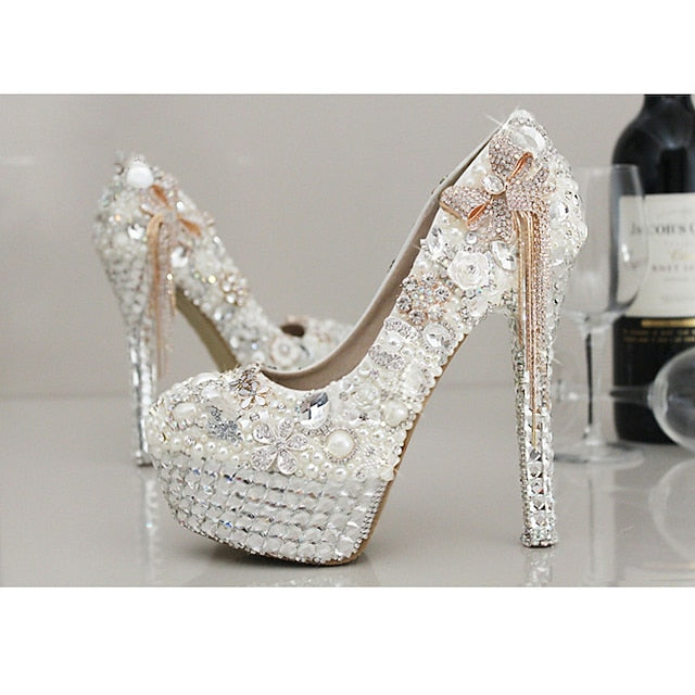 and Embellished Rhinestone Pearl White Platform Women's