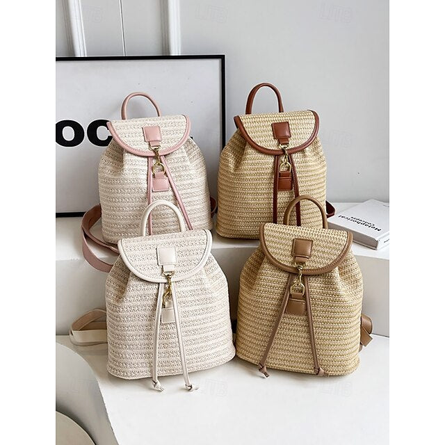 – Women Woven Boho Bag with Rattan for Travel Straw Backpack