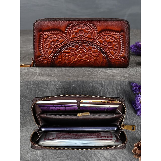 Handmade with elegant mandala leather wallet continental pattern