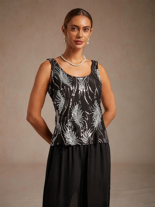 Women's Sequin Tops Twinset Sequins Feather Elegant 3/4