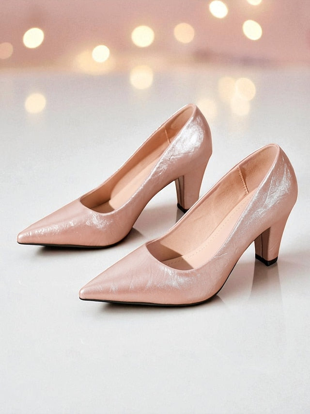 Party Women's Pointed Heel Toe Block - Nude Pumps Glossy