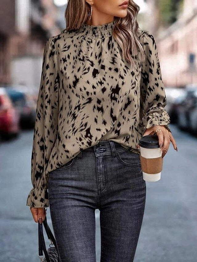 Women's Shirt Blouse Fashion Print Petal Sleeve Long Sleeve