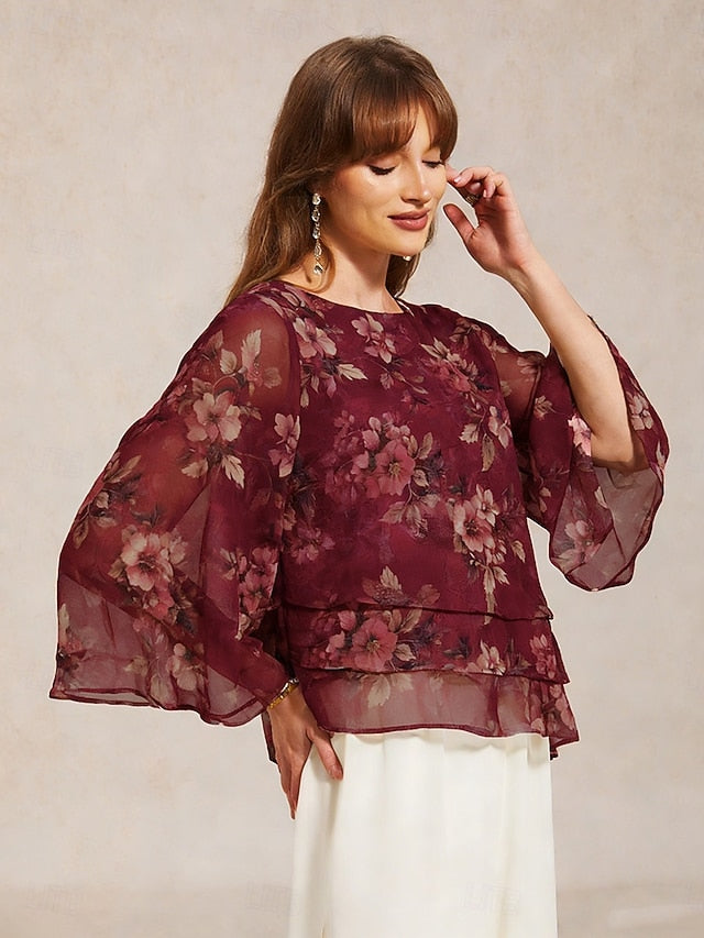 Women's Sheer Blouse Chiffon Tops Lace up Floral Elegant