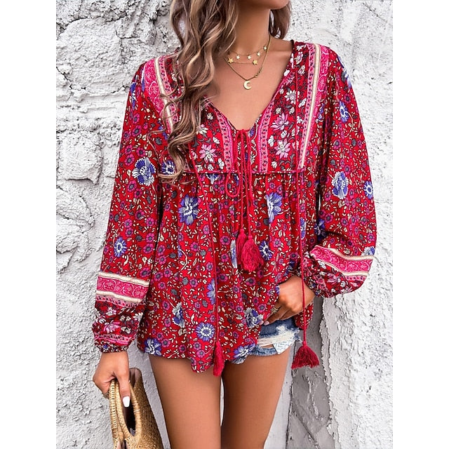Women's Shirt Blouse Lace up Print Floral Bohemia Ethnic