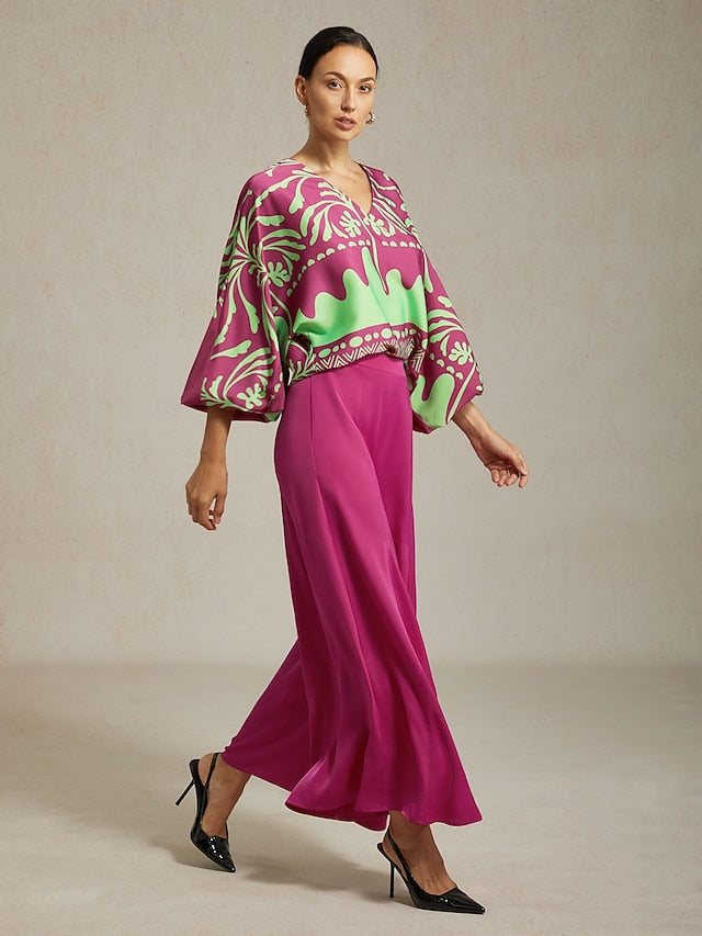 Women's Top Vivid Fuchsia Print Satin Lantern Long Sleeve V
