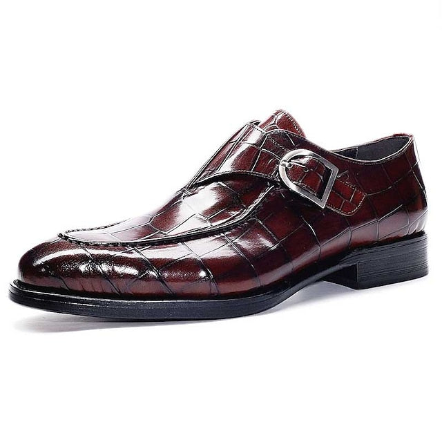 Monk Men's Faux Strap Burgundy Pattern Crocodile Leather
