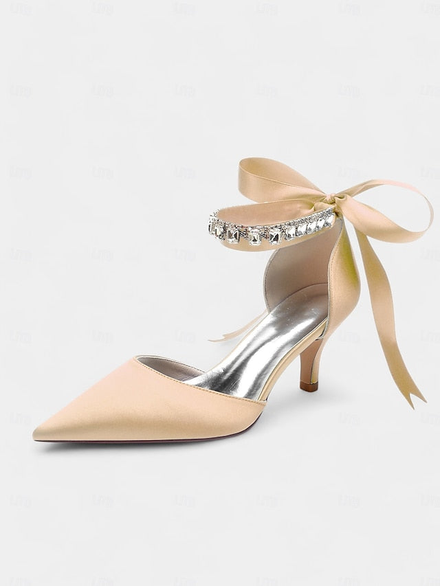 Satin Ankle Strap Blue Heels Pointed-Kitten and with Rhinestone