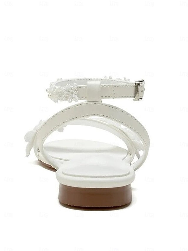 Straps Block Sandals White with Floral Lace Open-Toe Flats Ankle