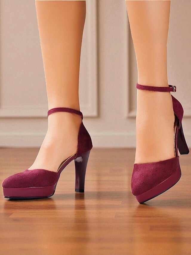Heel High Suede Platform Women's Ankle Burgundy 1950s Strap