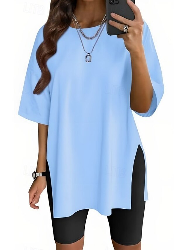 Women's T Shirt Side Split Solid Color Graphic Fashion