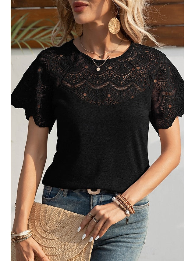 Women's Blouse Lace Tops Lace Plain Casual Short Sleeve