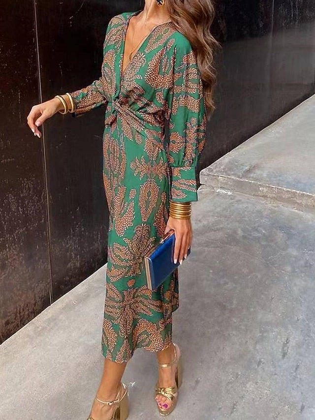 Women's Graphic Print V Neck Maxi Dress Long Sleeve Spring