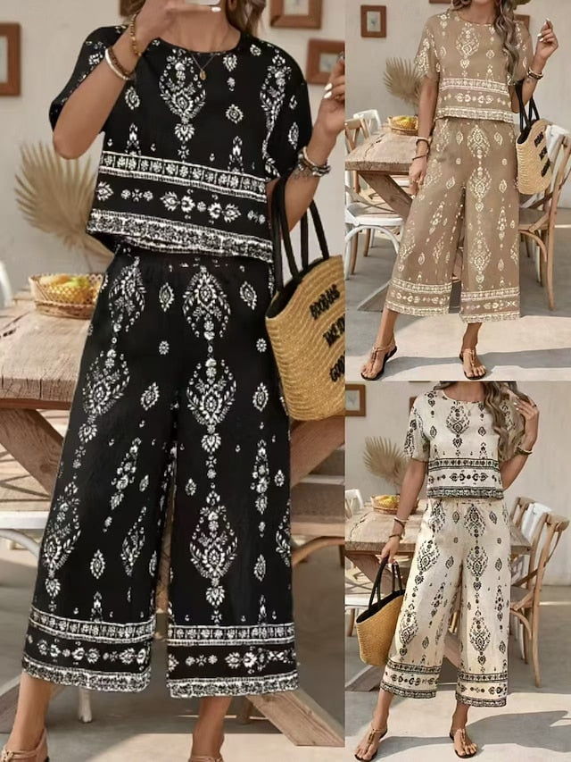 Women's Pants Sets Short Sleeve Round Neck Floral Graphic