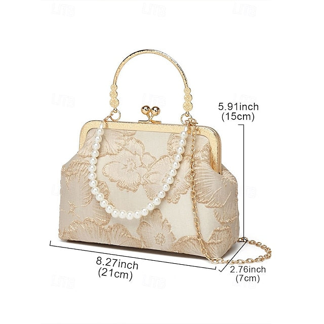 Women's Vintage Floral Brocade Pearl Handle Bag, Elegant