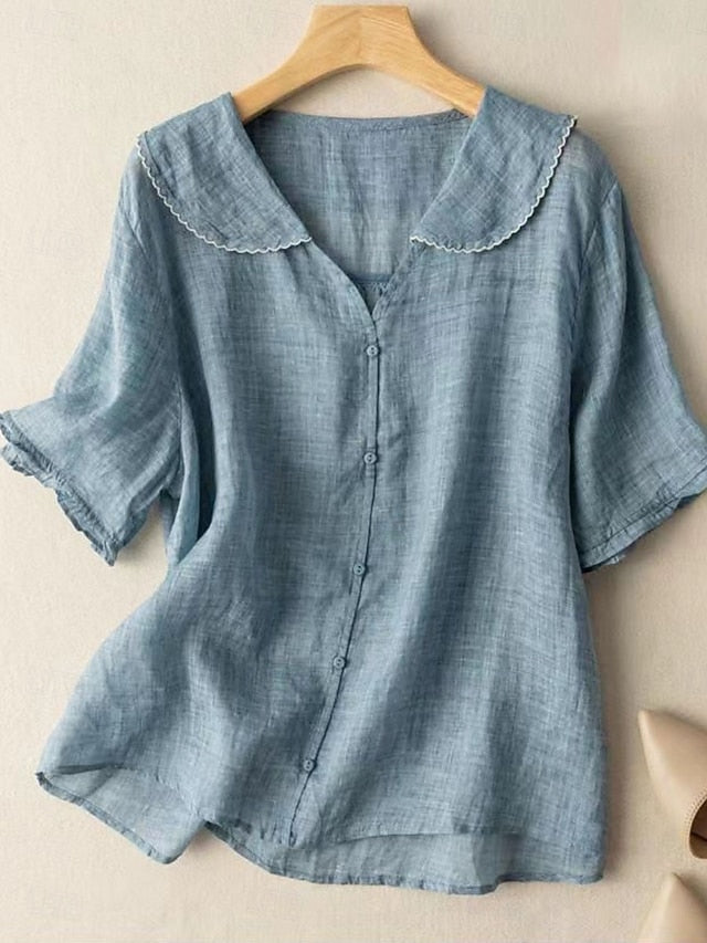 Women's Cotton Linen Shirts Solid Color Basic Casual Short