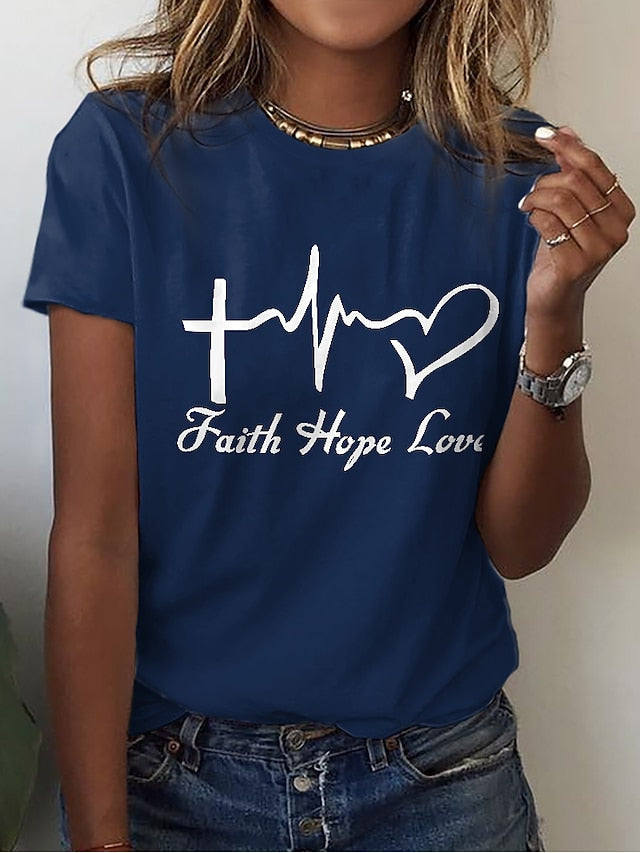 Women's T Shirt Print Heart Letter Basic Short Sleeve Round