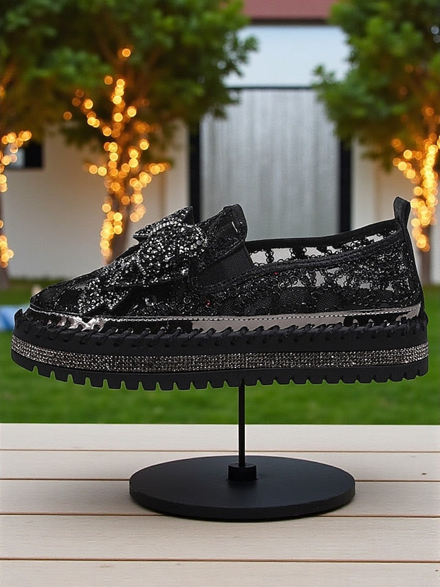 Shoes Lace Slip-On Black Rhinestone Women's Bow with