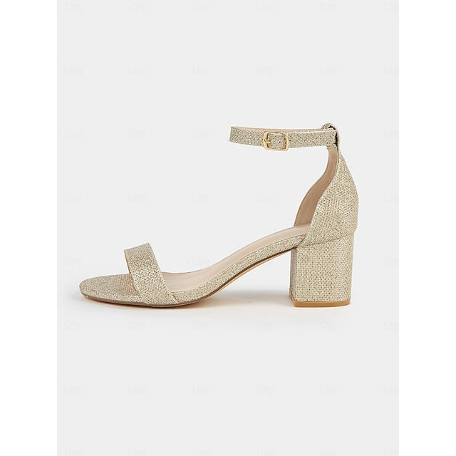 Stylish Glitter Gold Heel Women's Sandals with Ankle Block