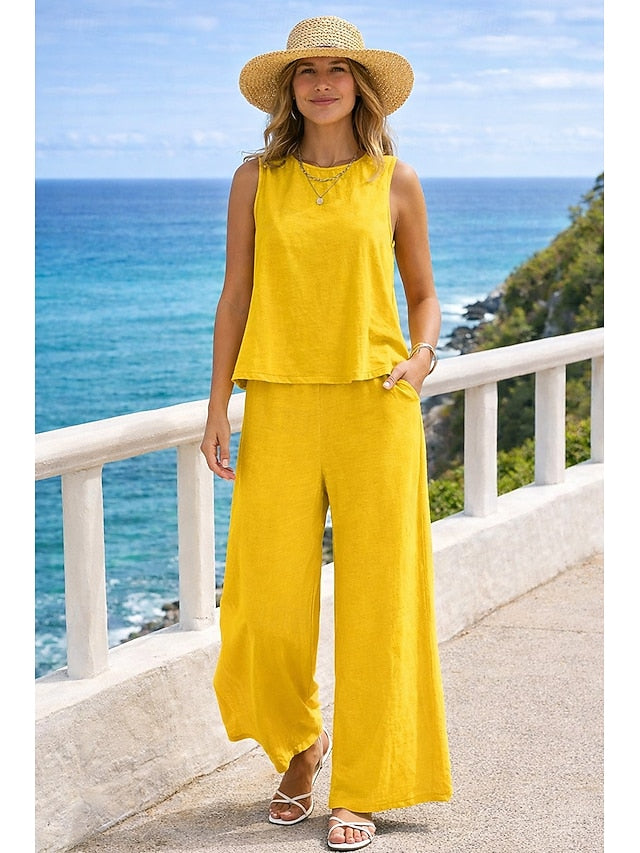 Women's Cotton Linen Sets Two Piece Sets Blouse Pants