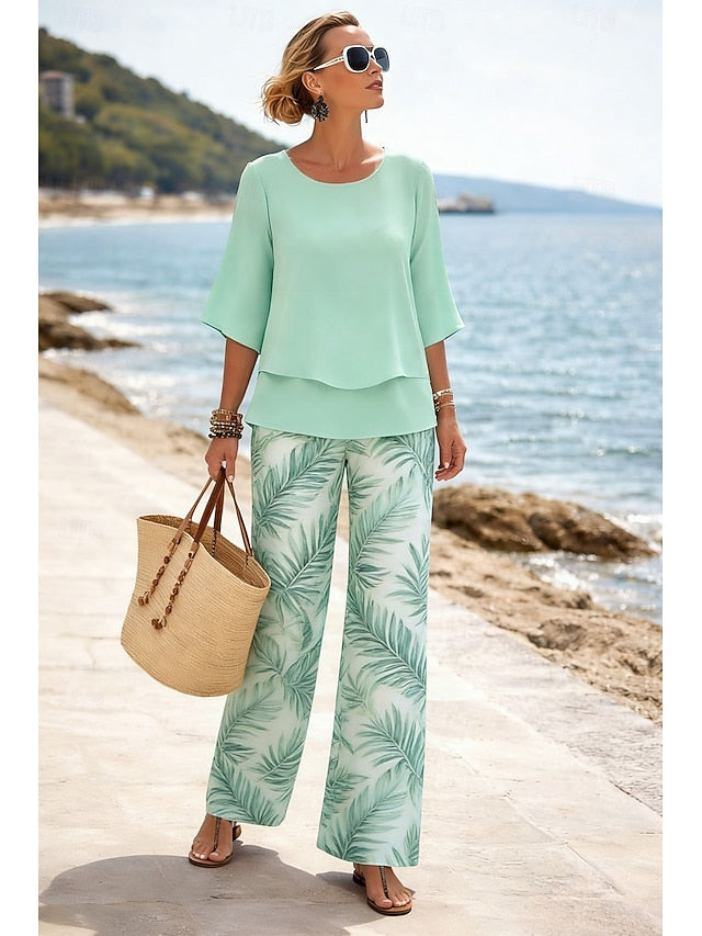 Women's Pants Sets Half Sleeve Butterfly Sleeve Round Neck