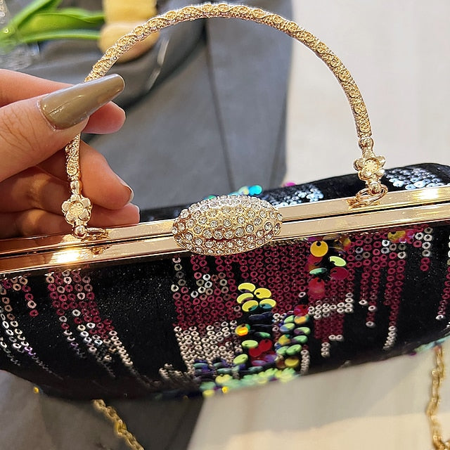 Women's Ivory Sequin Top Handle Clutch with Chain Strap,