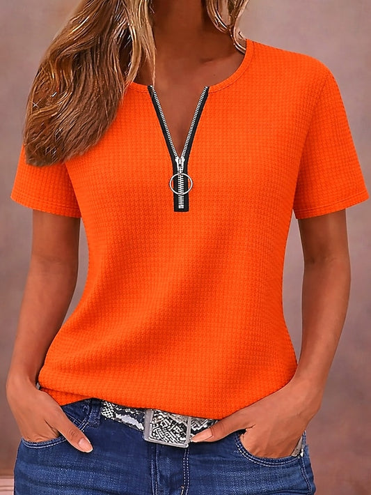 Women's Waffle Shirt Zipper Solid Color Vintage Stylish