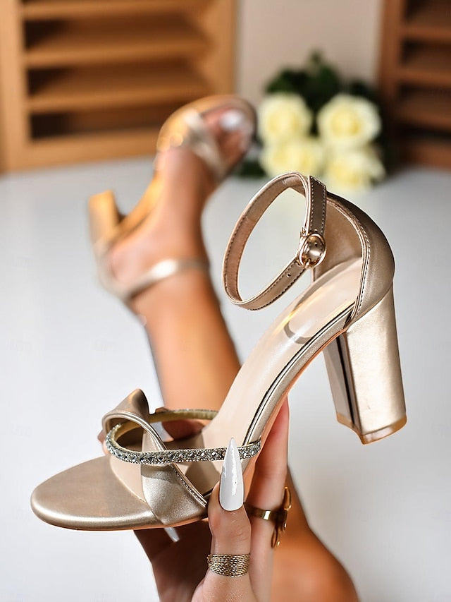 Ankle Gold Open-Toe Strap - Sandals Heel Women's PU Block