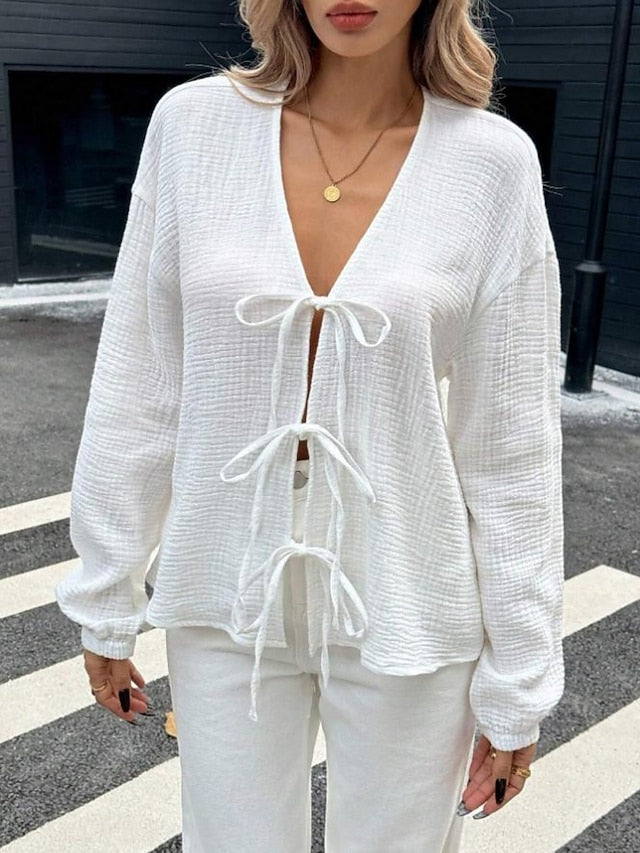 Women's Shirt Blouse Long Sleeve Tops Tie Front Solid Color