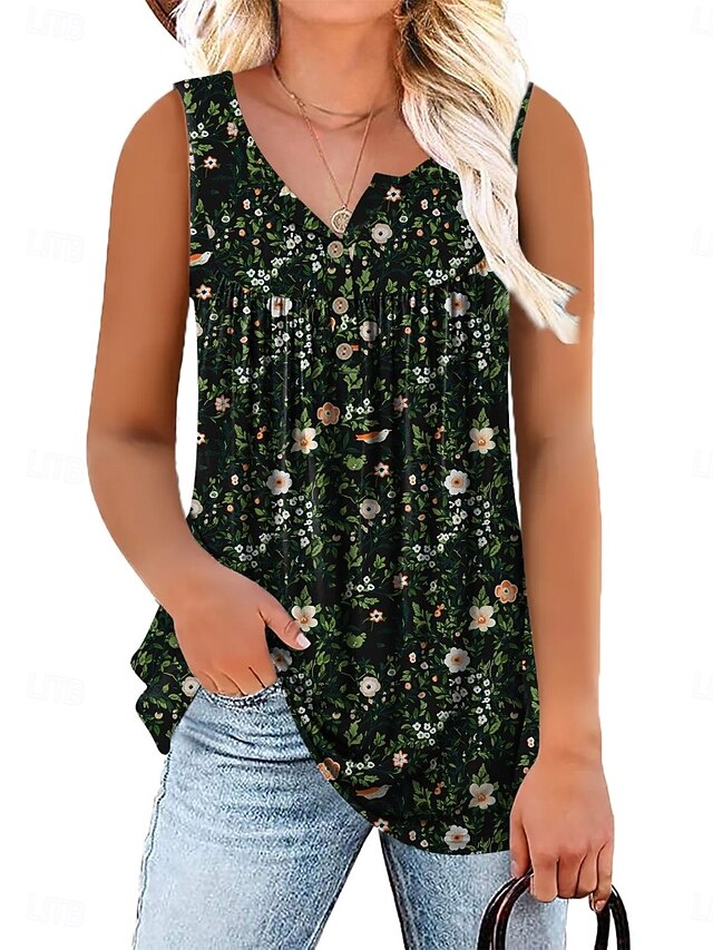 Women's Blouse Buttons Print Floral Casual Sleeveless V